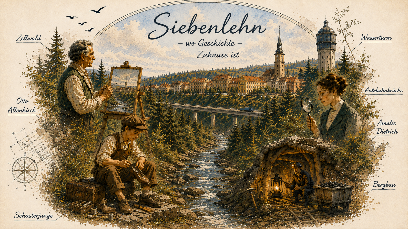 Illustrierte Collage von Siebenlehn: Stadtansicht mit Wasserturm, Autobahnbrücke, Bergbau, Amalie Dietrich, Otto Altenkirch, Schusterjunge und Zellwald
